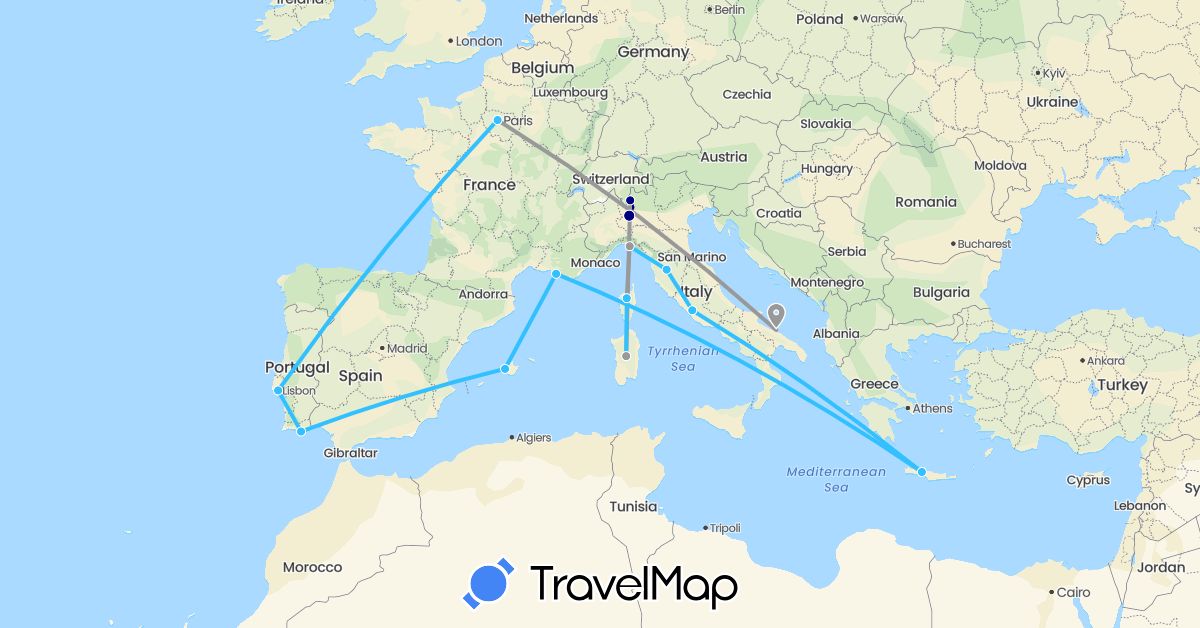 TravelMap itinerary: driving, plane, boat in Spain, France, Greece, Italy, Portugal (Europe)